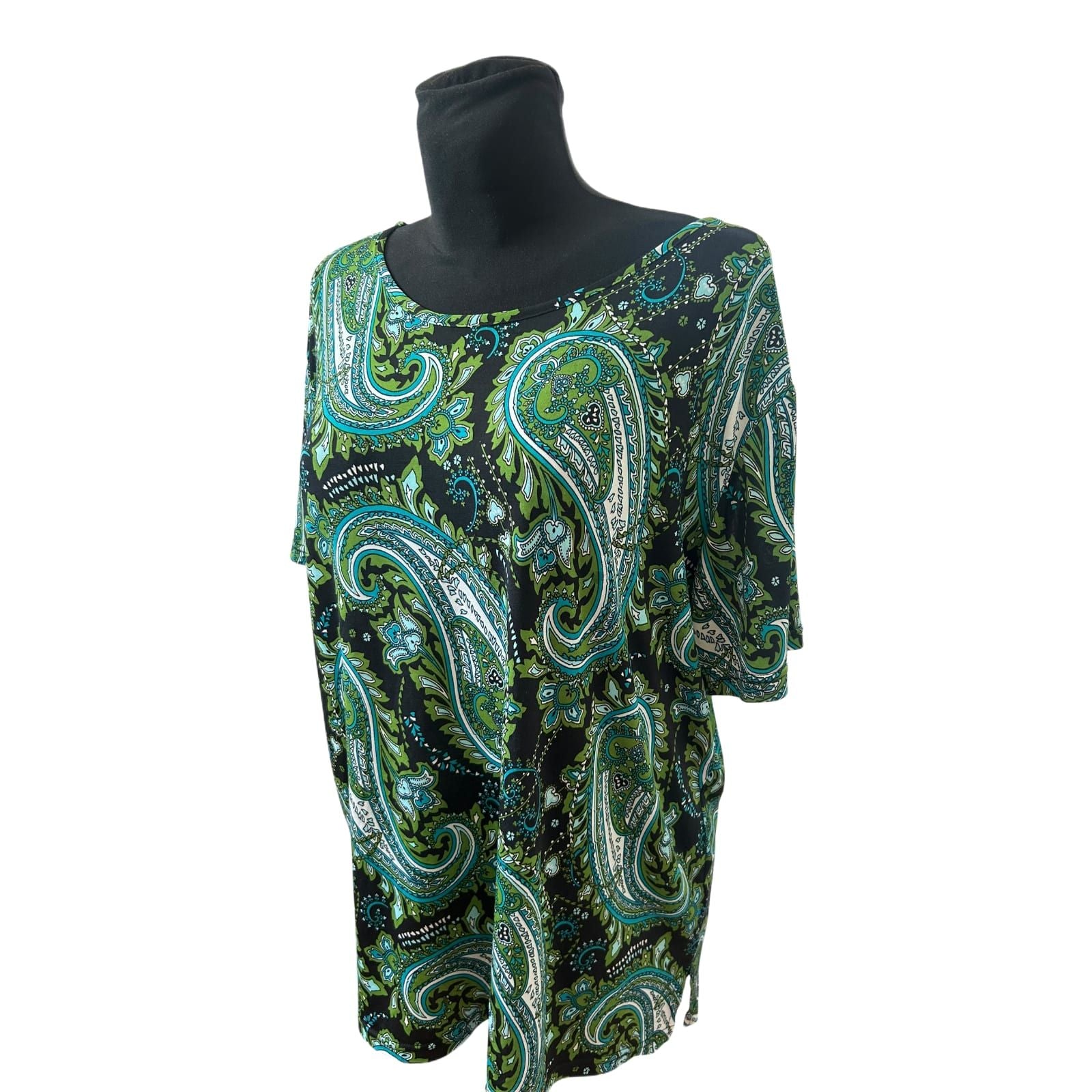 OKAY Damen Shirt XXL Grün Schwarz Paisley Muster Kurzarm Stretch Top