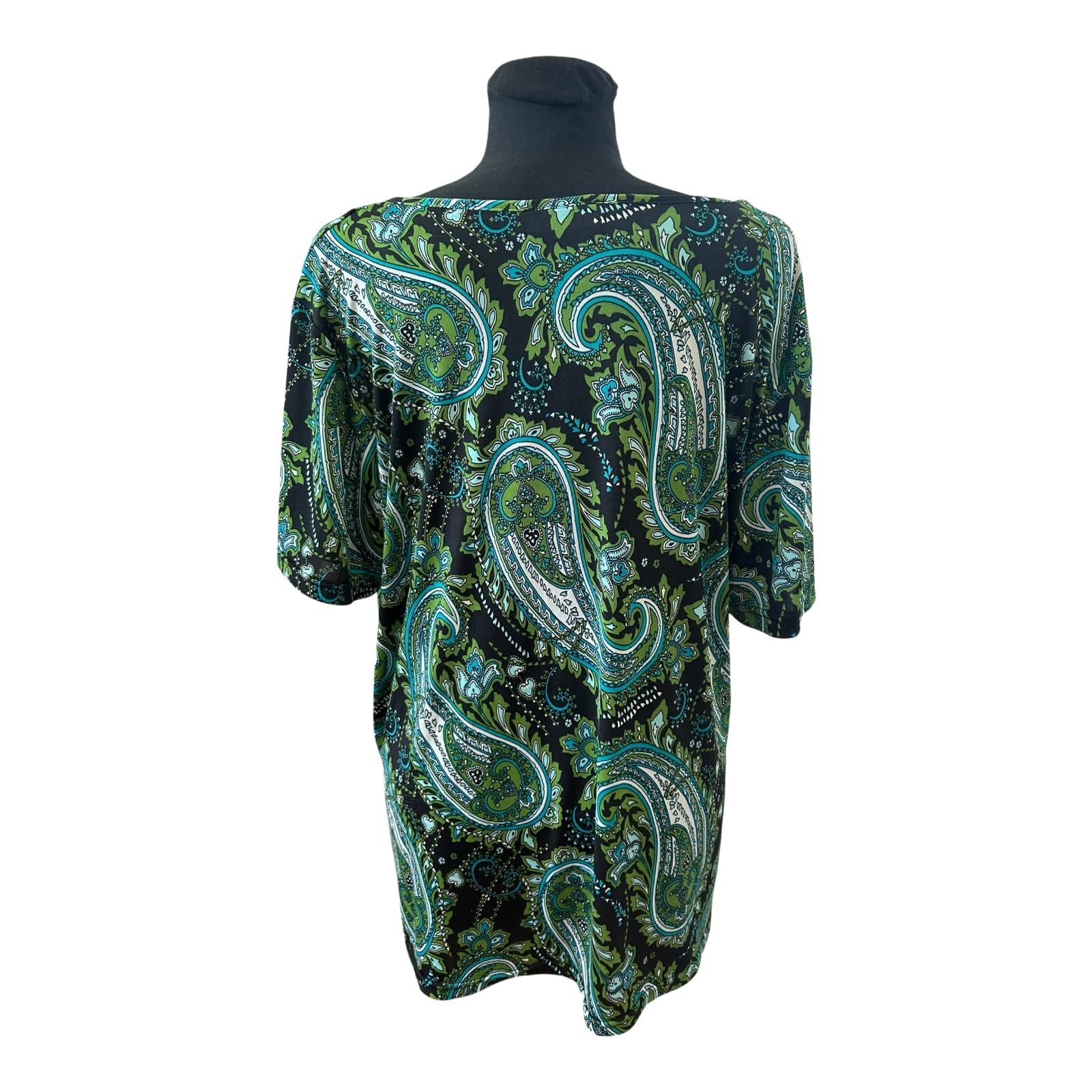 OKAY Damen Shirt XXL Grün Schwarz Paisley Muster Kurzarm Stretch Top