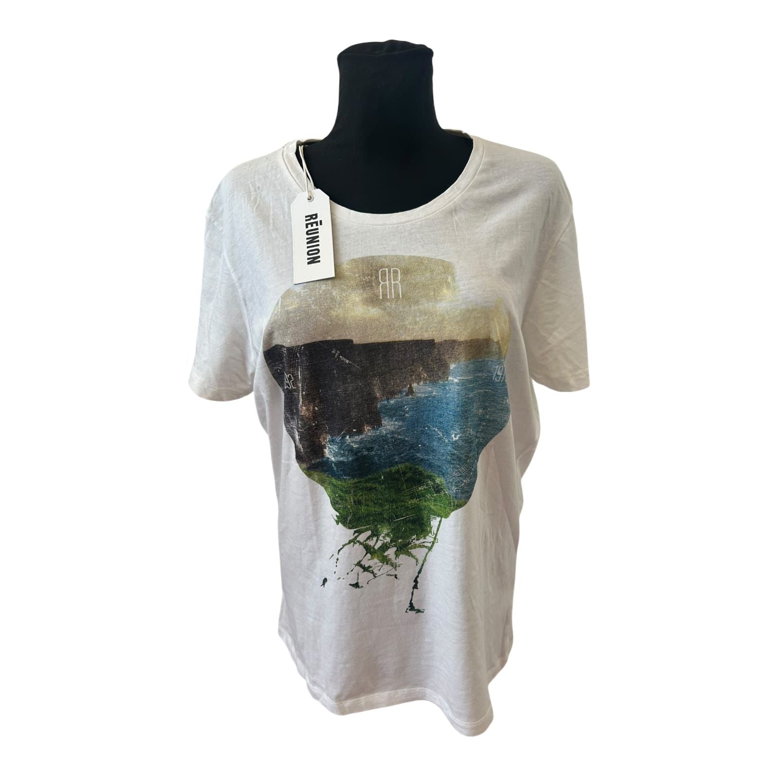 Reunion Damen Shirt Gr L Weiß Baumwolle Print Küstenmotiv Neu Etikett