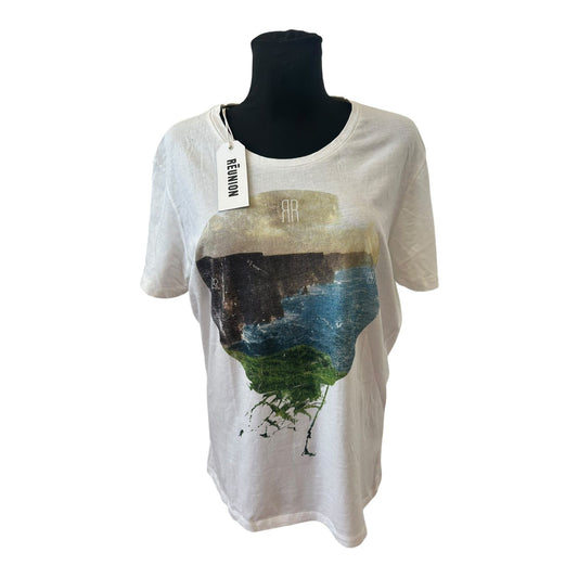 Reunion Damen Shirt Gr L Weiß Baumwolle Print Küstenmotiv Neu Etikett