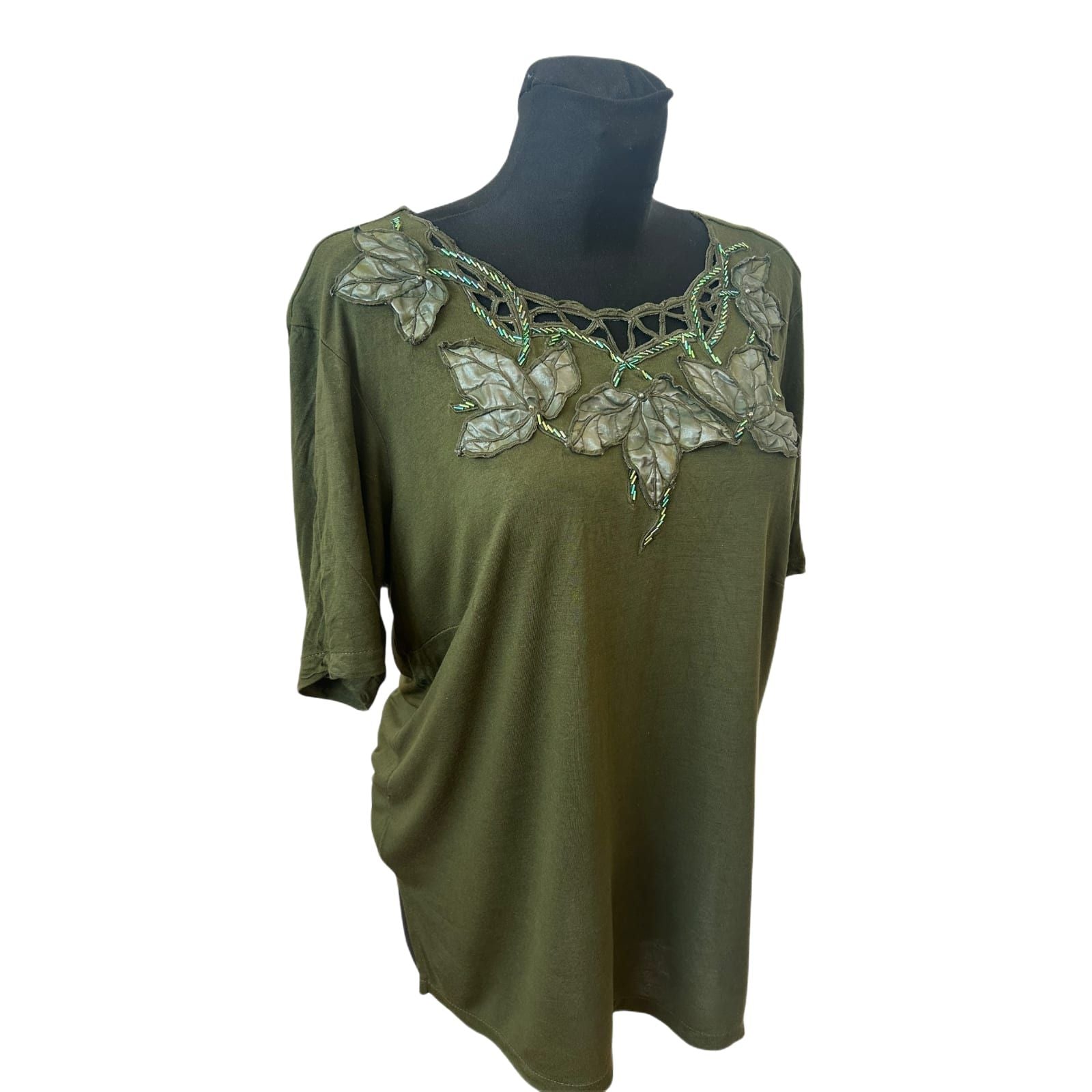 Damen Shirt Gr 44 Khaki Viskose Applikation Seitenschlitze Elegant Hochwertig
