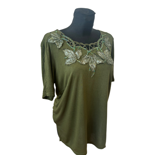 Damen Shirt Gr 44 Khaki Viskose Applikation Seitenschlitze Elegant Hochwertig