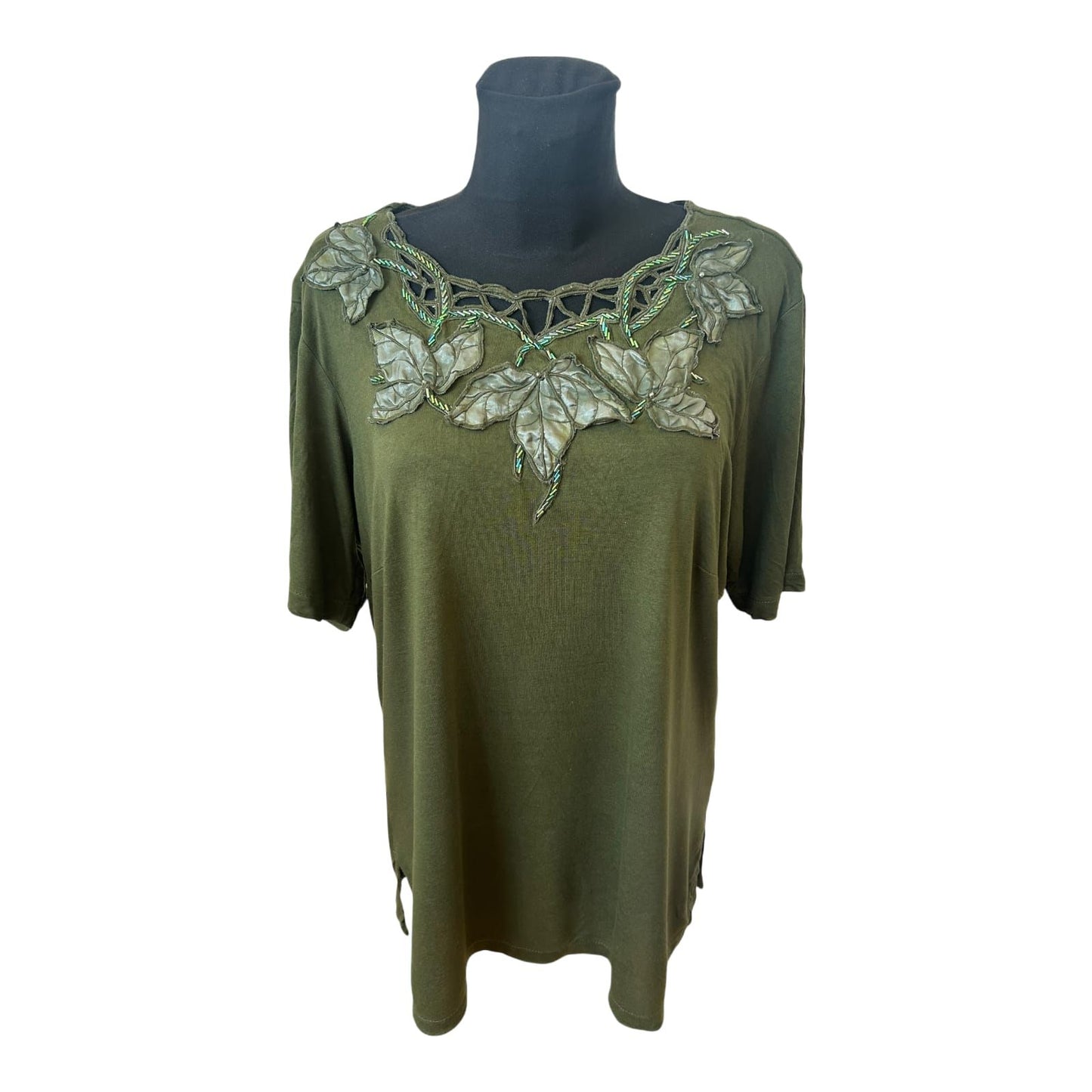 Damen Shirt Gr 44 Khaki Viskose Applikation Seitenschlitze Elegant Hochwertig