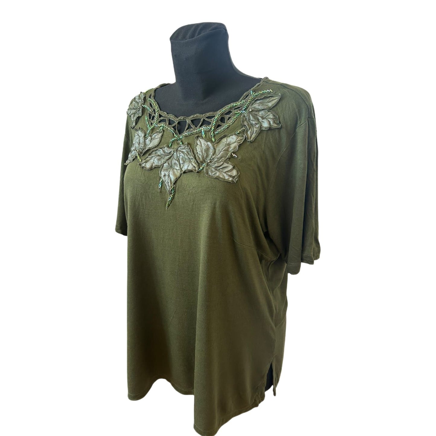 Damen Shirt Gr 44 Khaki Viskose Applikation Seitenschlitze Elegant Hochwertig