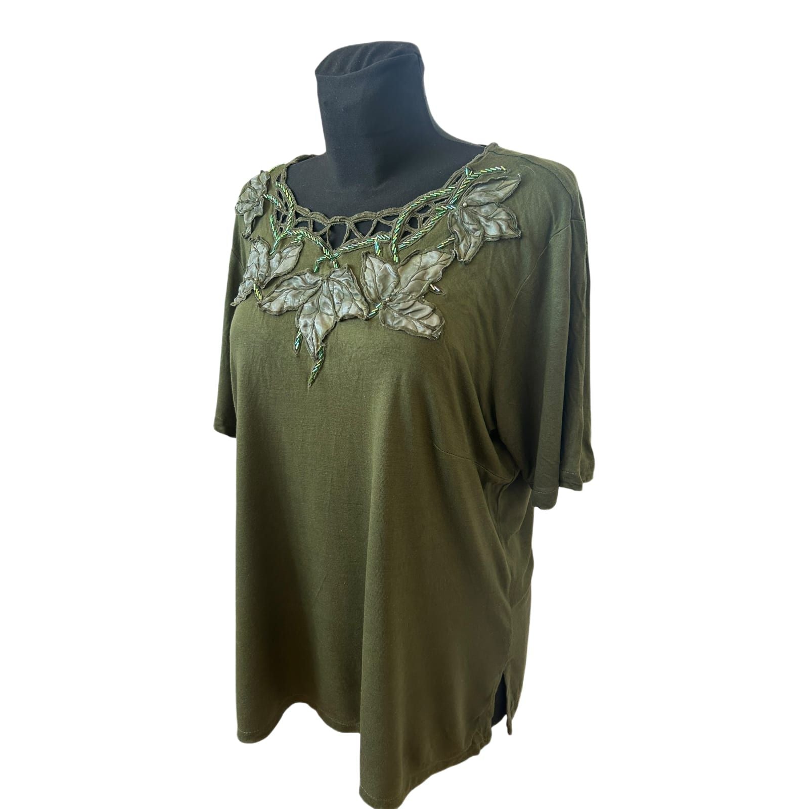 Damen Shirt Gr 44 Khaki Viskose Applikation Seitenschlitze Elegant Hochwertig