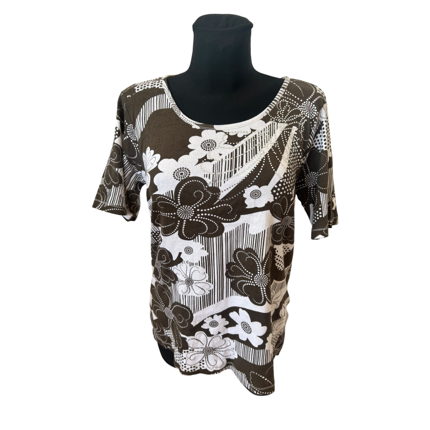 Infinity Woman Shirt Gr L Braun Weiß Blumen Strass Baumwolle Sommer
