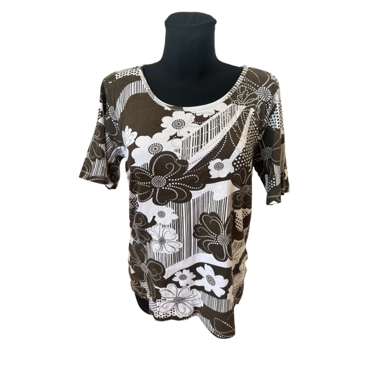 Infinity Woman Shirt Gr L Braun Weiß Blumen Strass Baumwolle Sommer