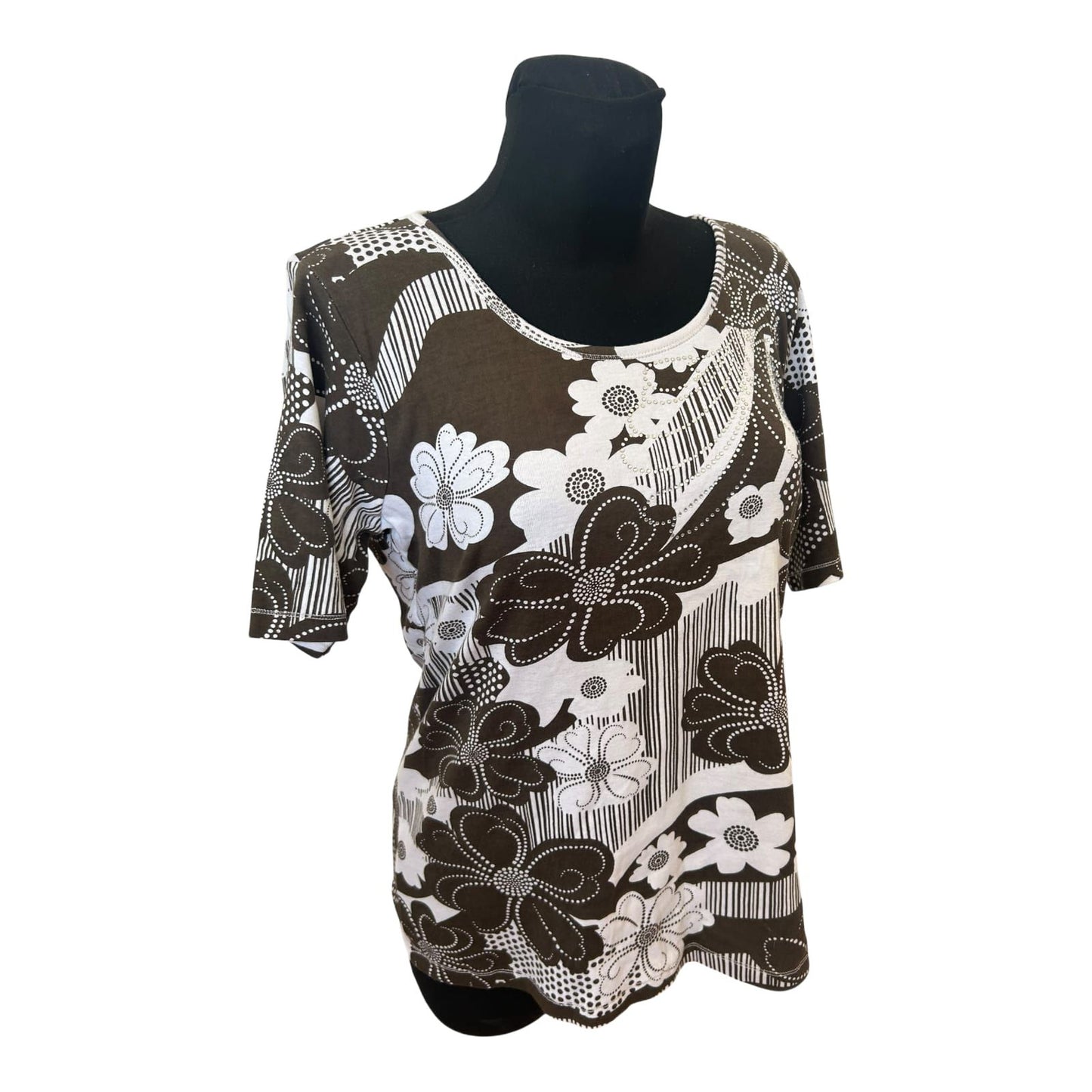 Infinity Woman Shirt Gr L Braun Weiß Blumen Strass Baumwolle Sommer