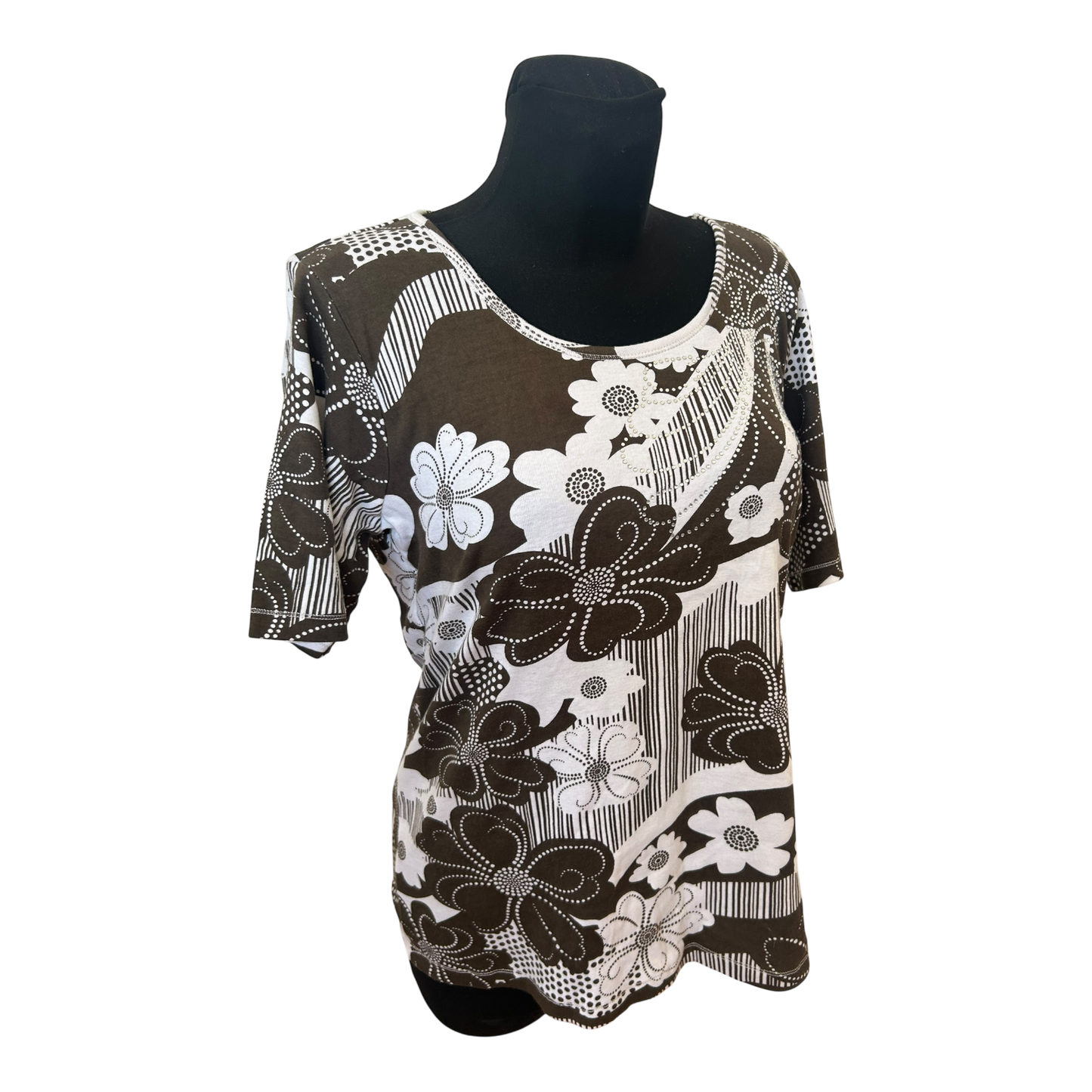 Infinity Woman Shirt Gr L Braun Weiß Blumen Strass Baumwolle Sommer