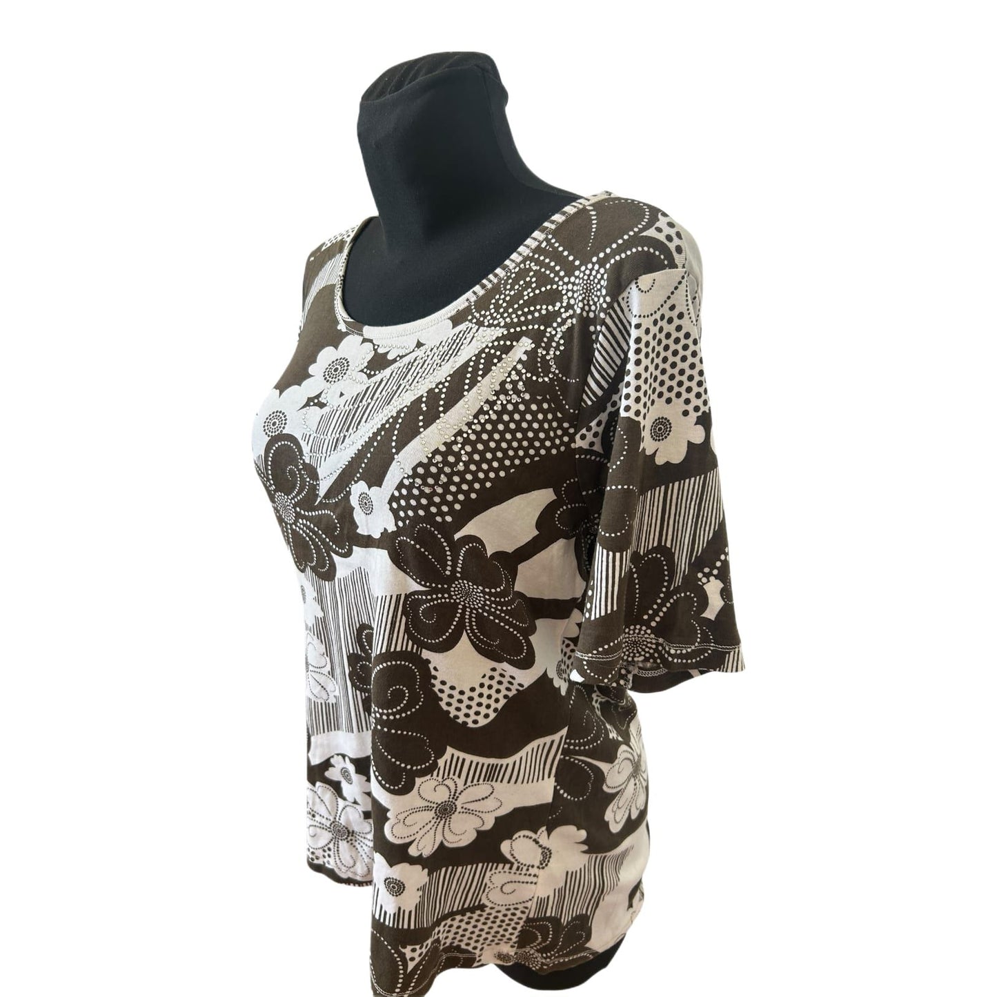 Infinity Woman Shirt Gr L Braun Weiß Blumen Strass Baumwolle Sommer