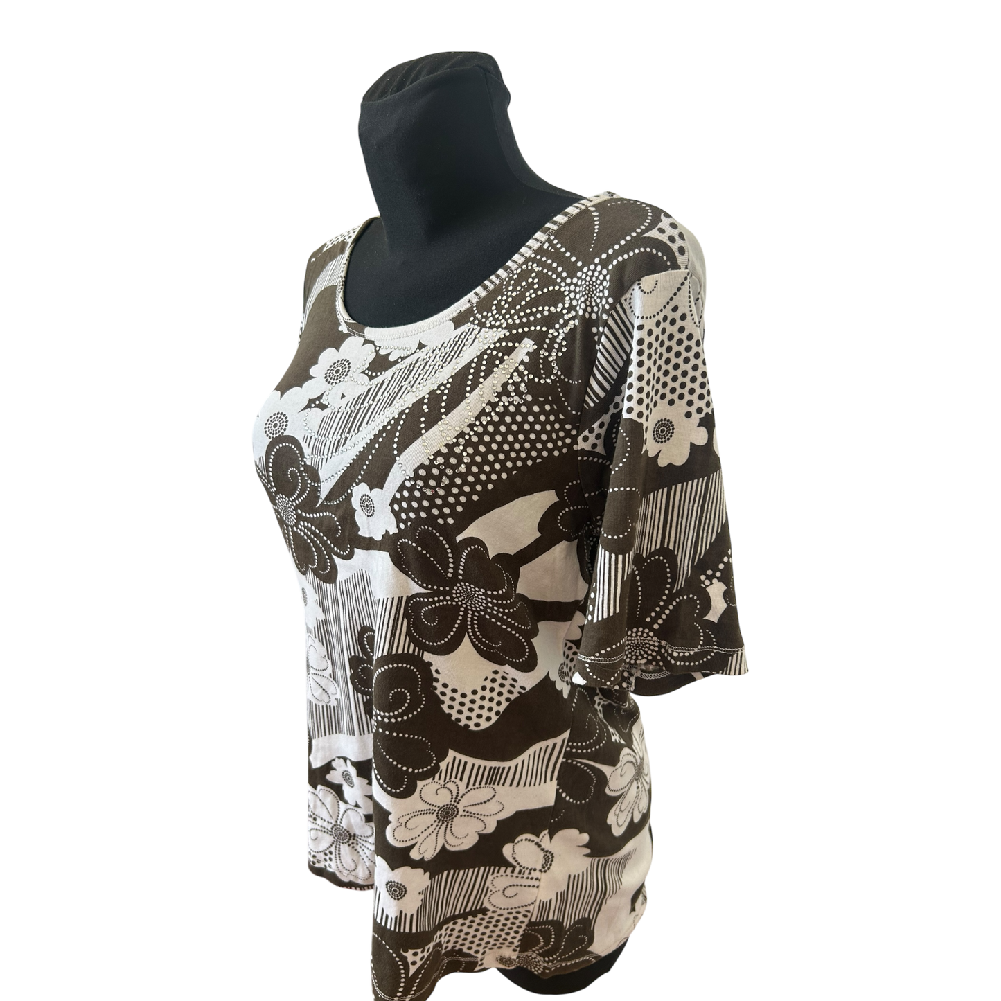 Infinity Woman Shirt Gr L Braun Weiß Blumen Strass Baumwolle Sommer