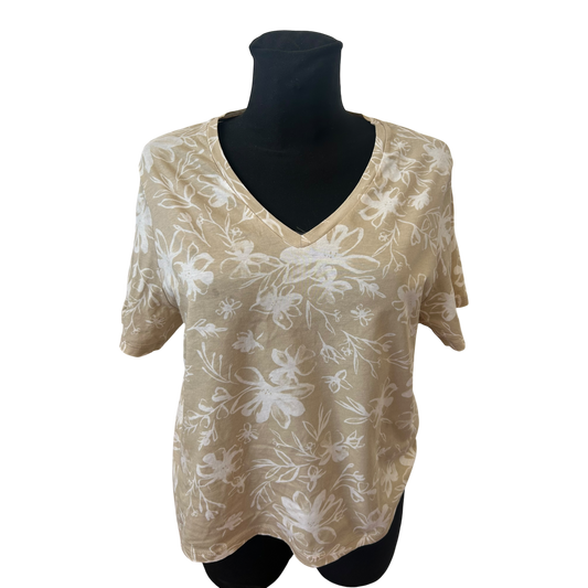 United Colors of Benetton Shirt Damen Gr M Beige Weiß V-Ausschnitt Blumen