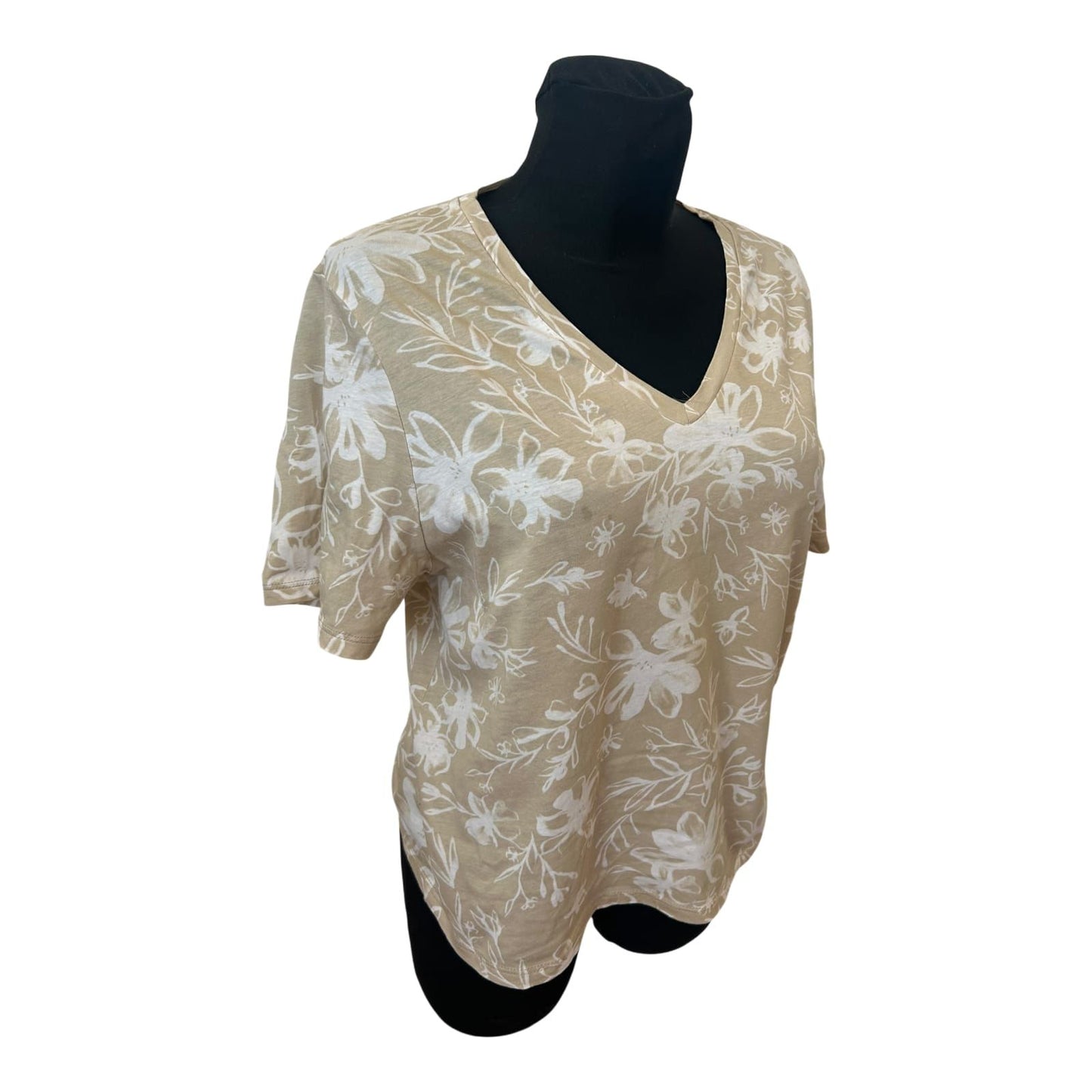 United Colors of Benetton Shirt Damen Gr M Beige Weiß V-Ausschnitt Blumen