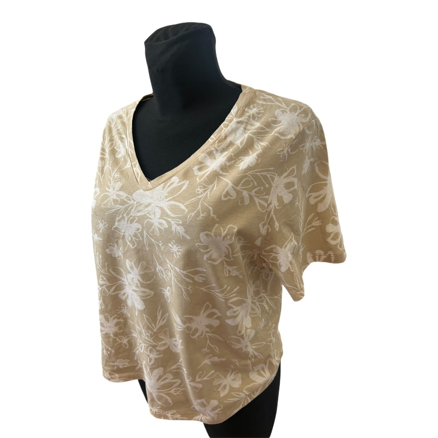 United Colors of Benetton Shirt Damen Gr M Beige Weiß V-Ausschnitt Blumen