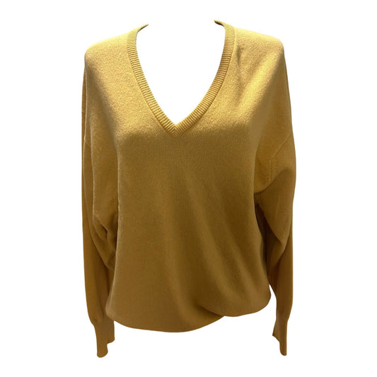 Damen Pullover 42 Gelb 100% Schurwolle Oversize V-Ausschnitt Elegant