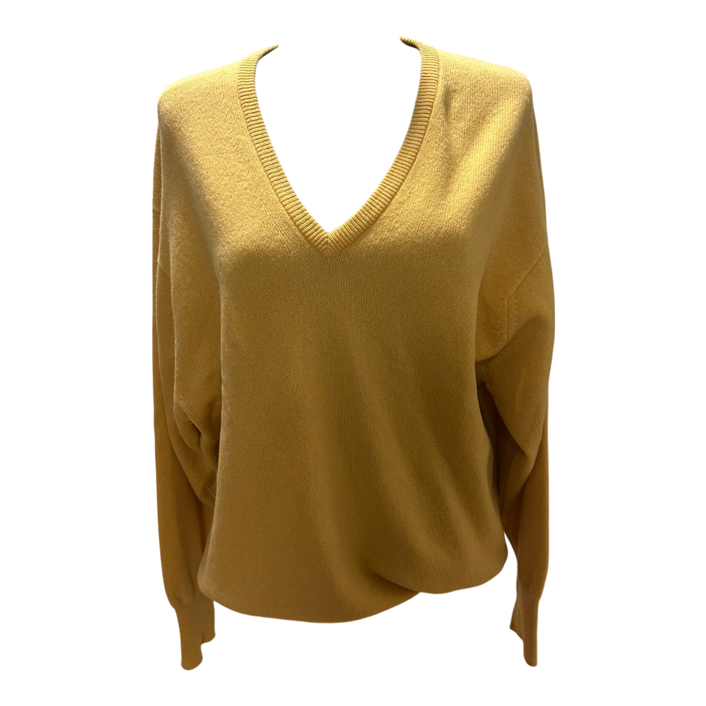Damen Pullover 42 Gelb 100% Schurwolle Oversize V-Ausschnitt Elegant