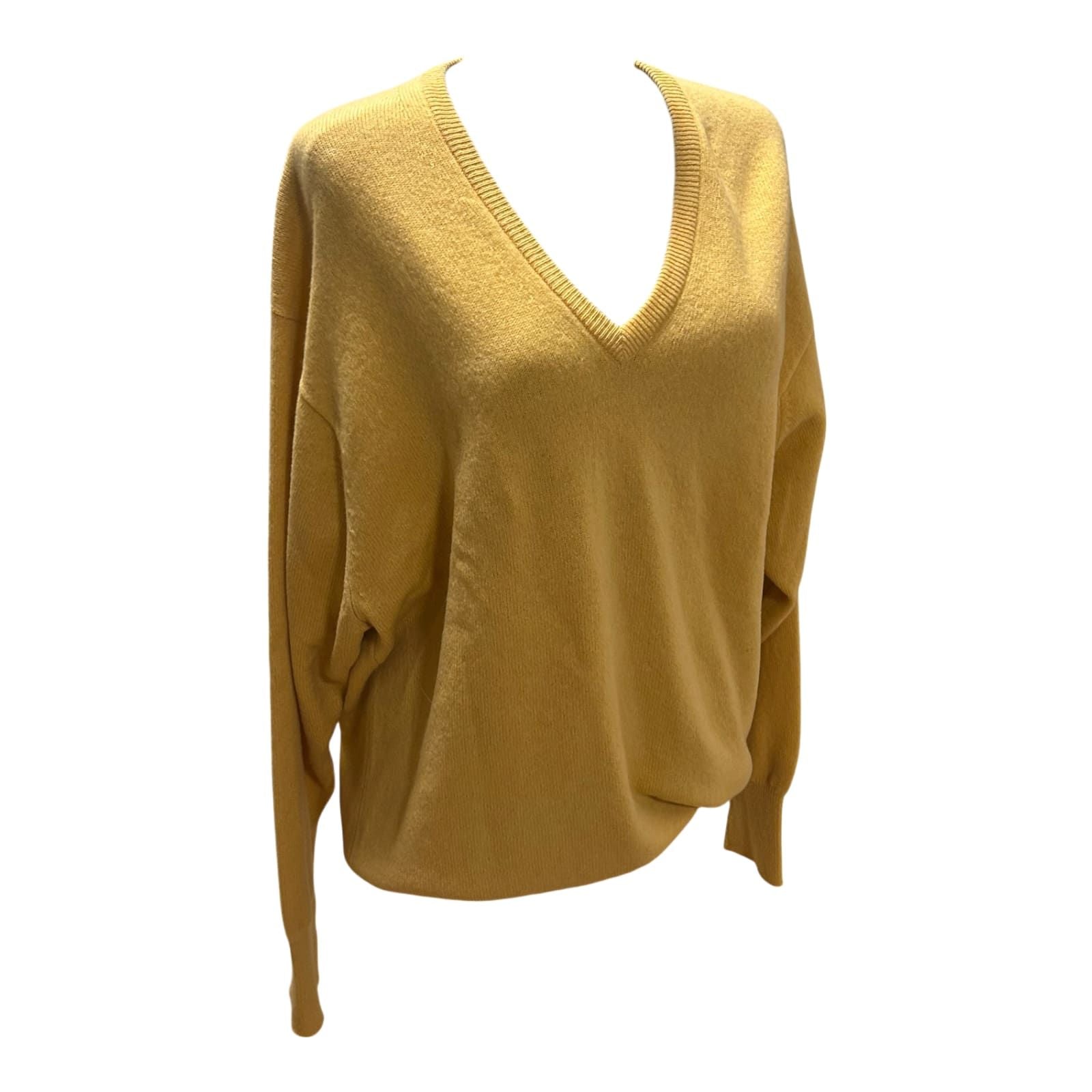 Damen Pullover 42 Gelb 100% Schurwolle Oversize V-Ausschnitt Elegant