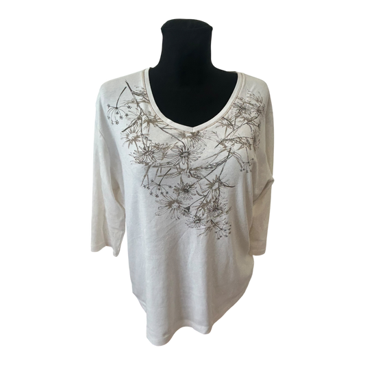 Bexleys Shirt Damen Gr XL Weiß Blumen 3/4 Arm Baumwolle V-Ausschnitt