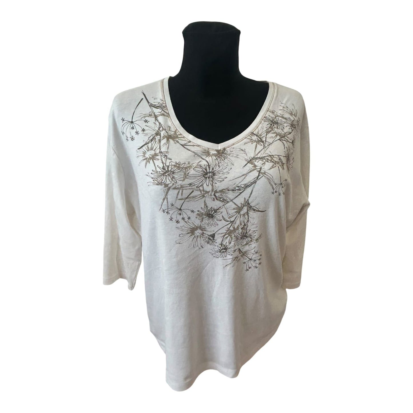 Bexleys Shirt Damen Gr XL Weiß Blumen 3/4 Arm Baumwolle V-Ausschnitt