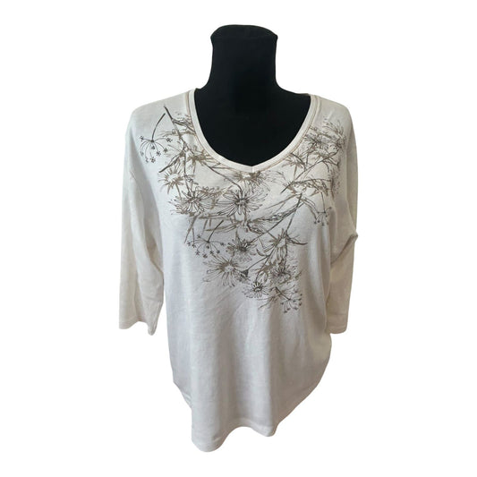 Bexleys Shirt Damen Gr XL Weiß Blumen 3/4 Arm Baumwolle V-Ausschnitt