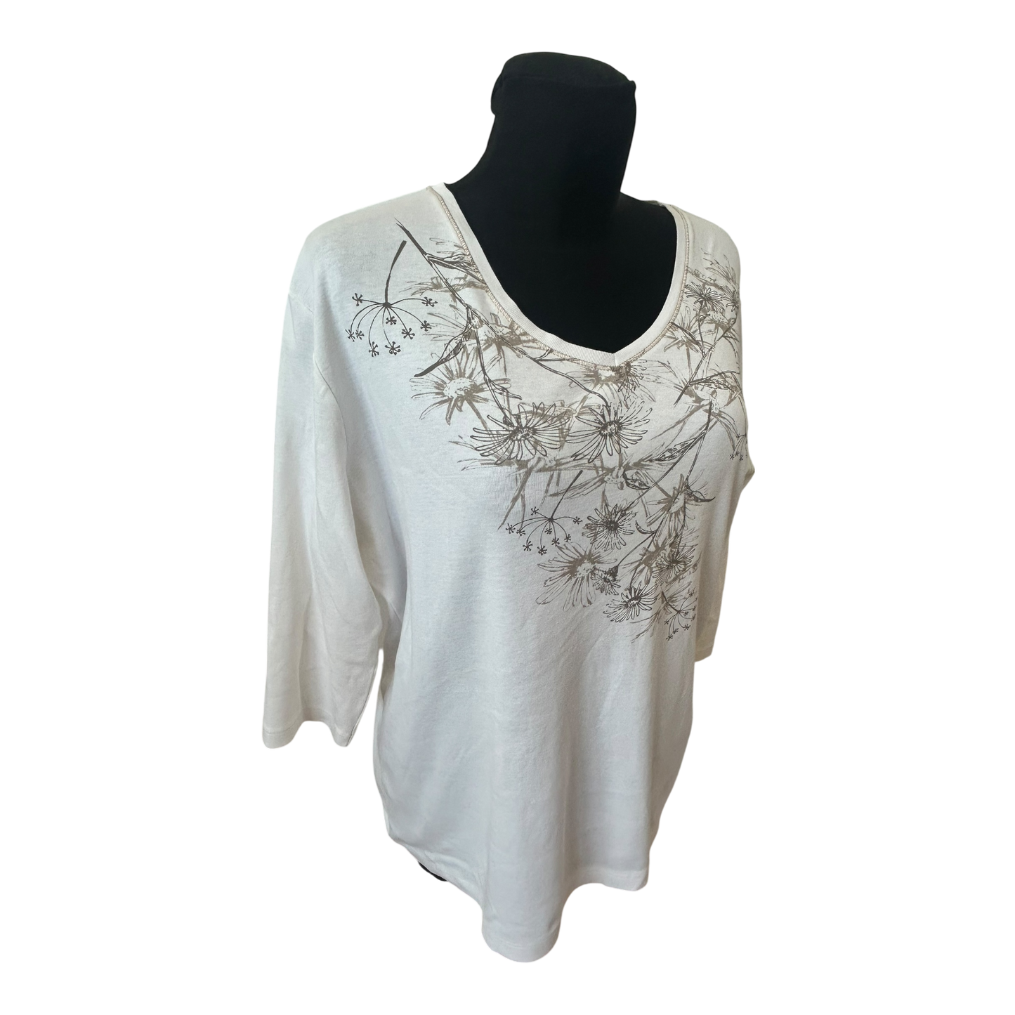 Bexleys Shirt Damen Gr XL Weiß Blumen 3/4 Arm Baumwolle V-Ausschnitt