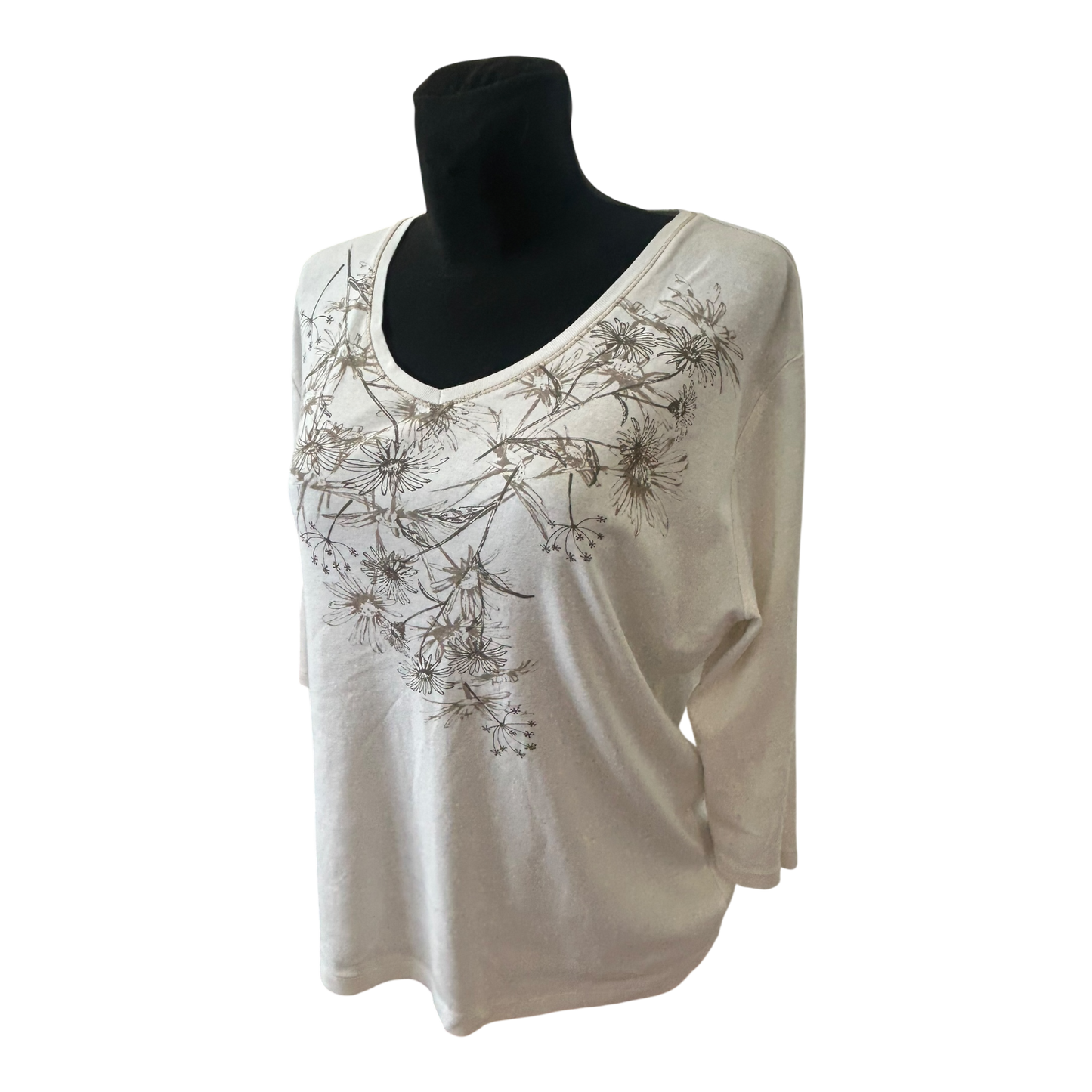 Bexleys Shirt Damen Gr XL Weiß Blumen 3/4 Arm Baumwolle V-Ausschnitt