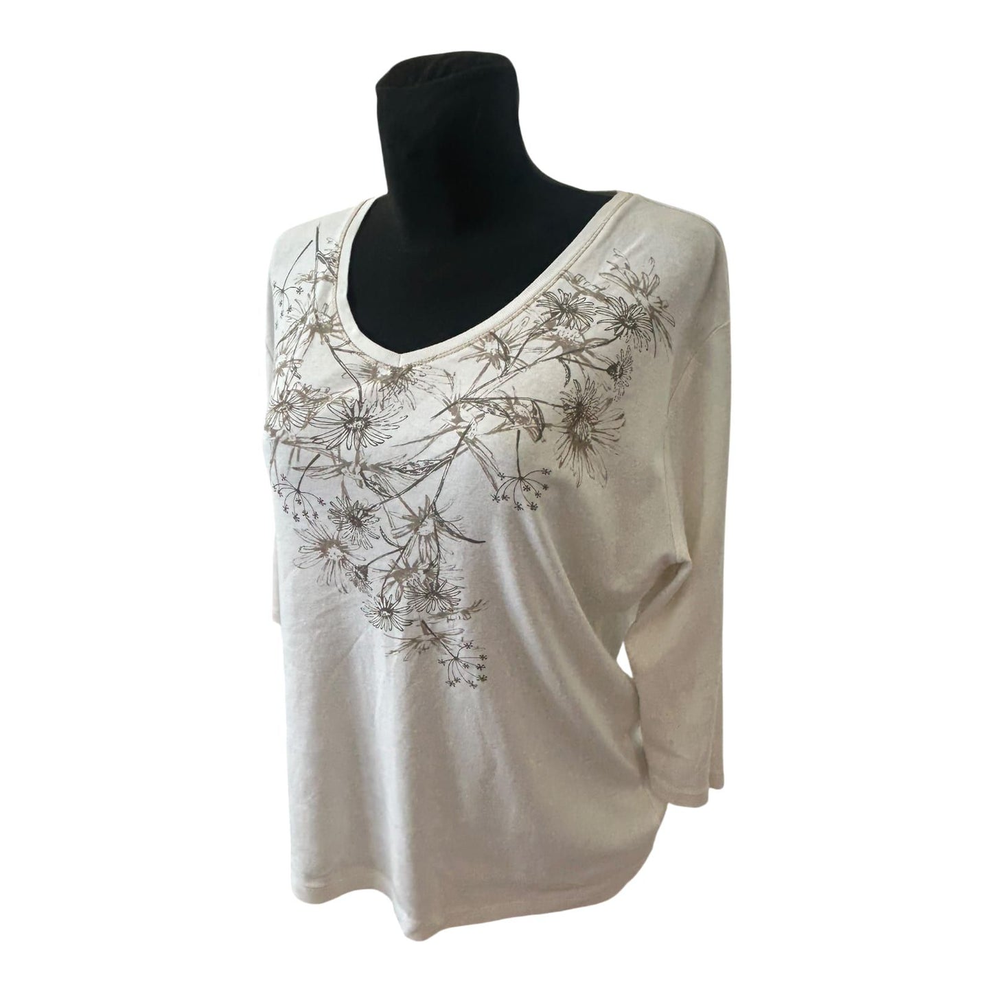 Bexleys Shirt Damen Gr XL Weiß Blumen 3/4 Arm Baumwolle V-Ausschnitt