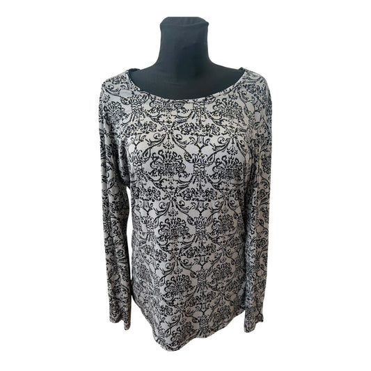 Gina Benotti Shirt Damen Gr L Grau Schwarz Ornament Langarm Viskose