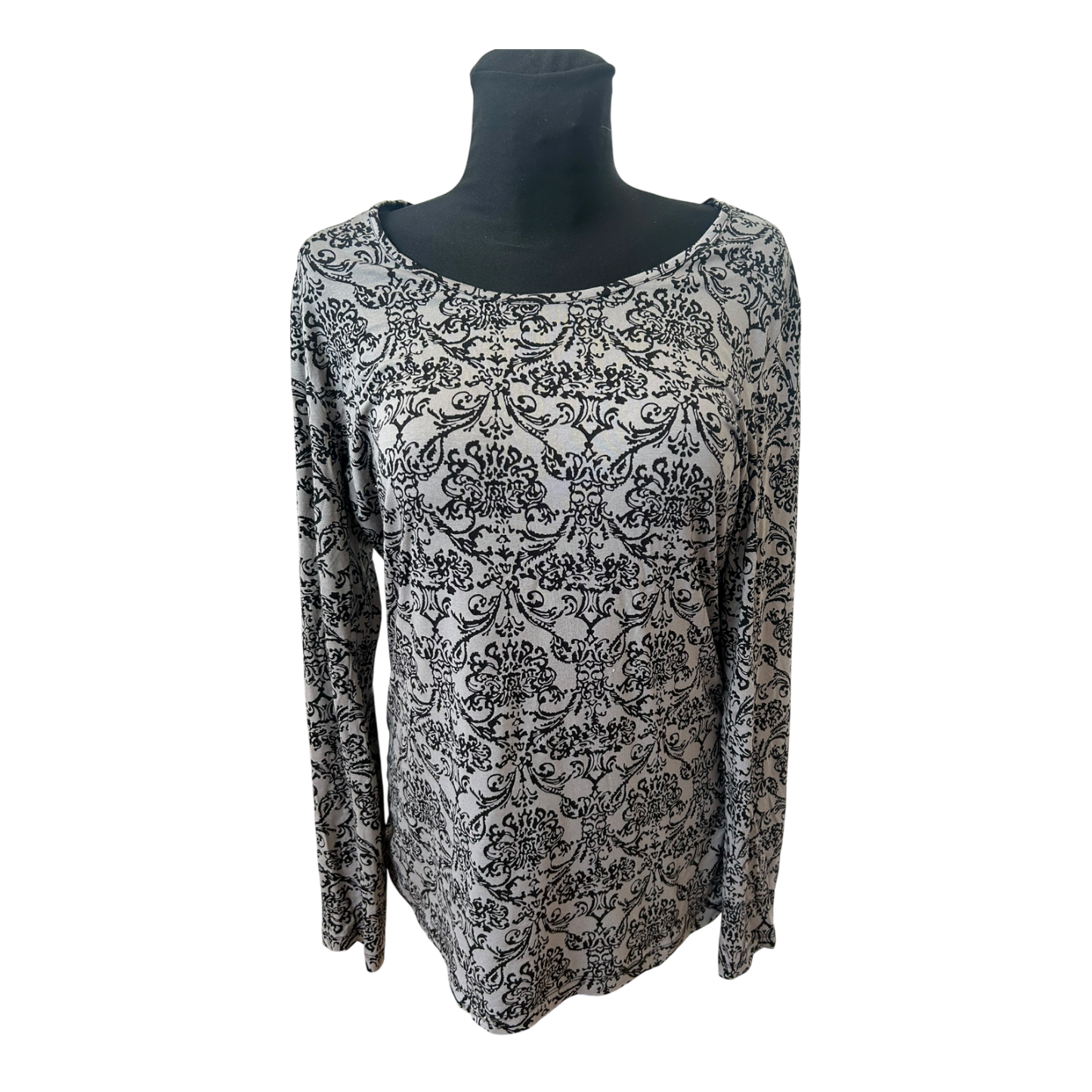 Gina Benotti Shirt Damen Gr L Grau Schwarz Ornament Langarm Viskose