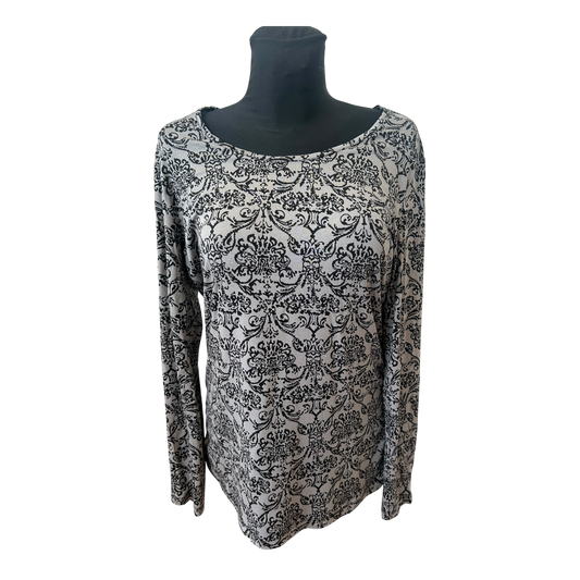 Gina Benotti Shirt Damen Gr L Grau Schwarz Ornament Langarm Viskose