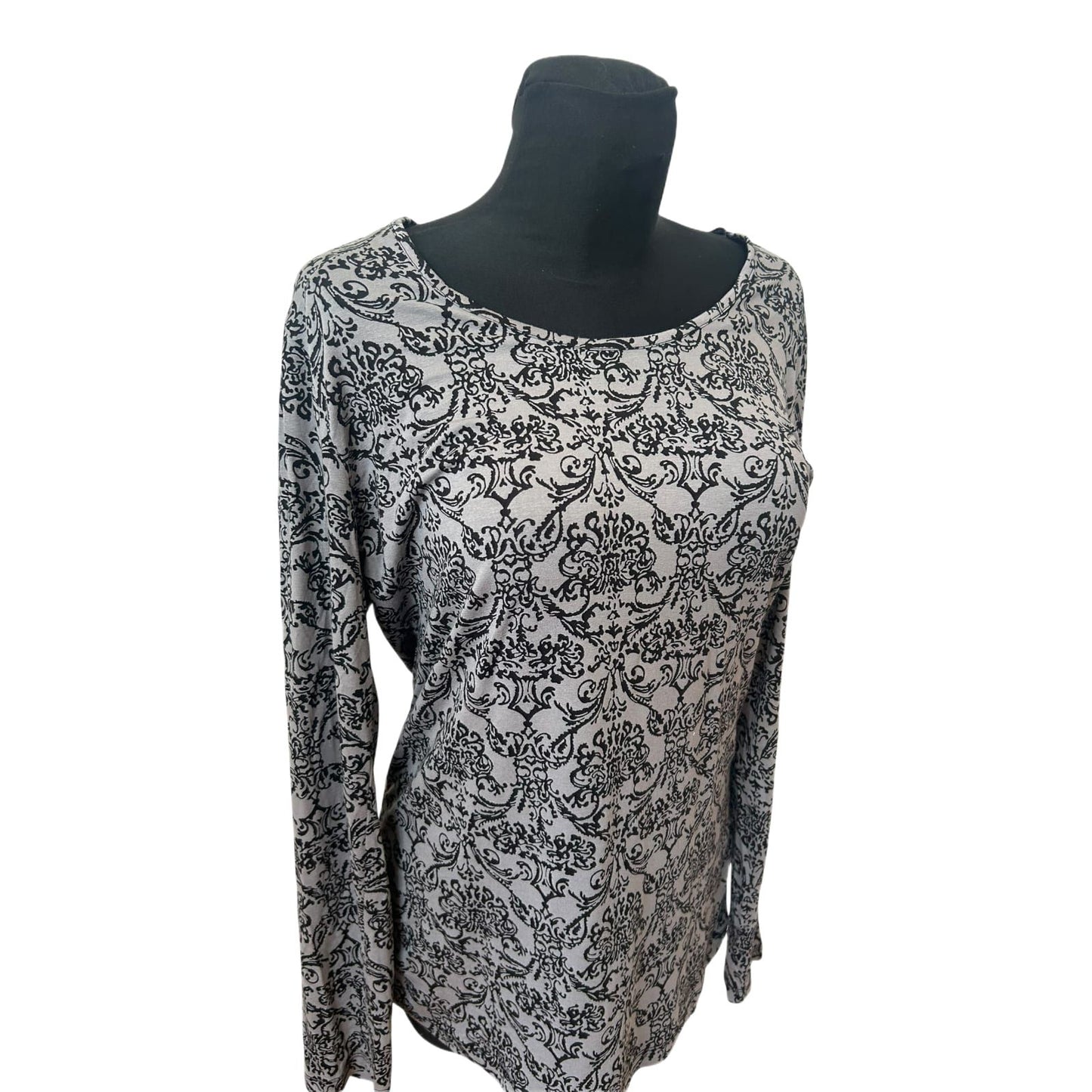 Gina Benotti Shirt Damen Gr L Grau Schwarz Ornament Langarm Viskose