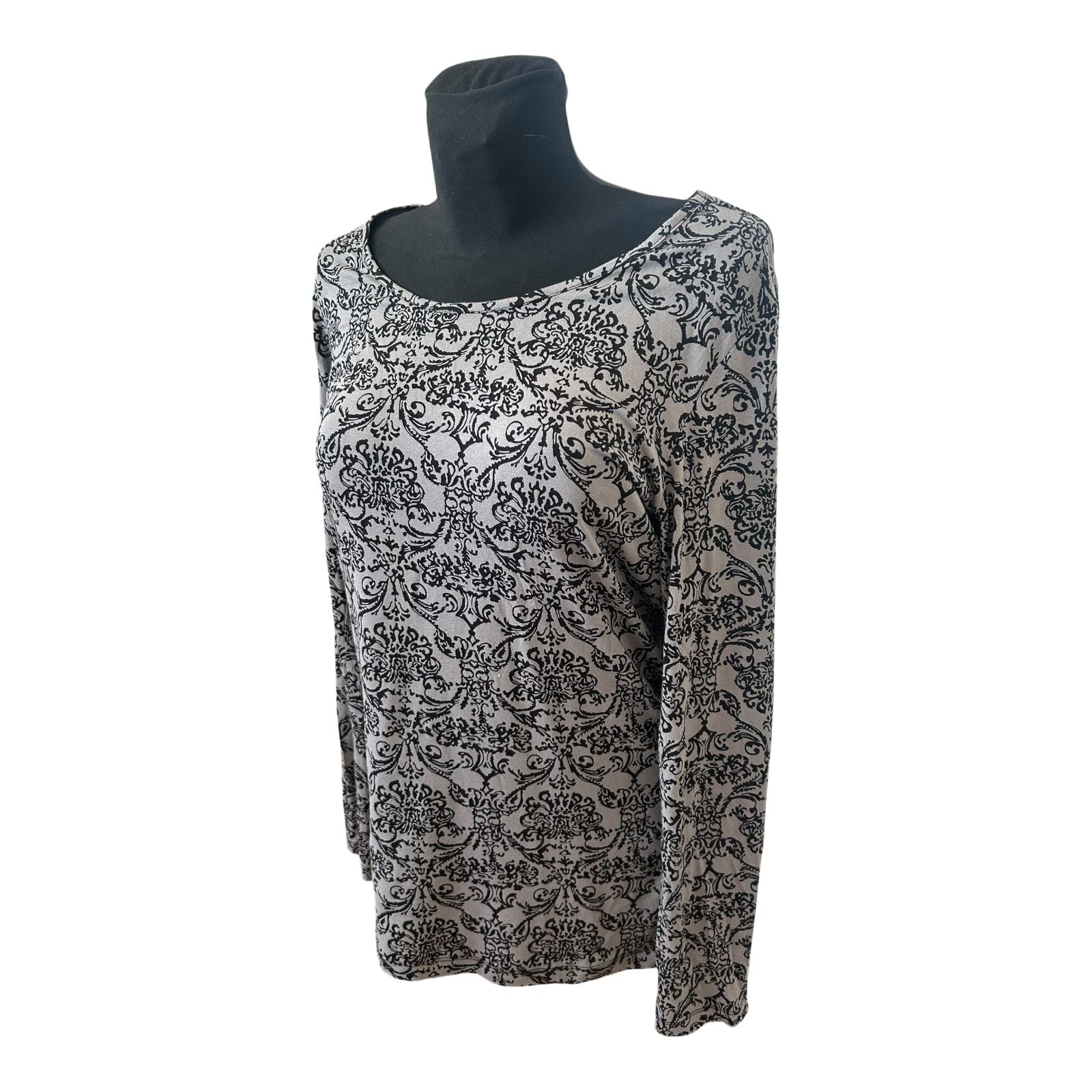 Gina Benotti Shirt Damen Gr L Grau Schwarz Ornament Langarm Viskose