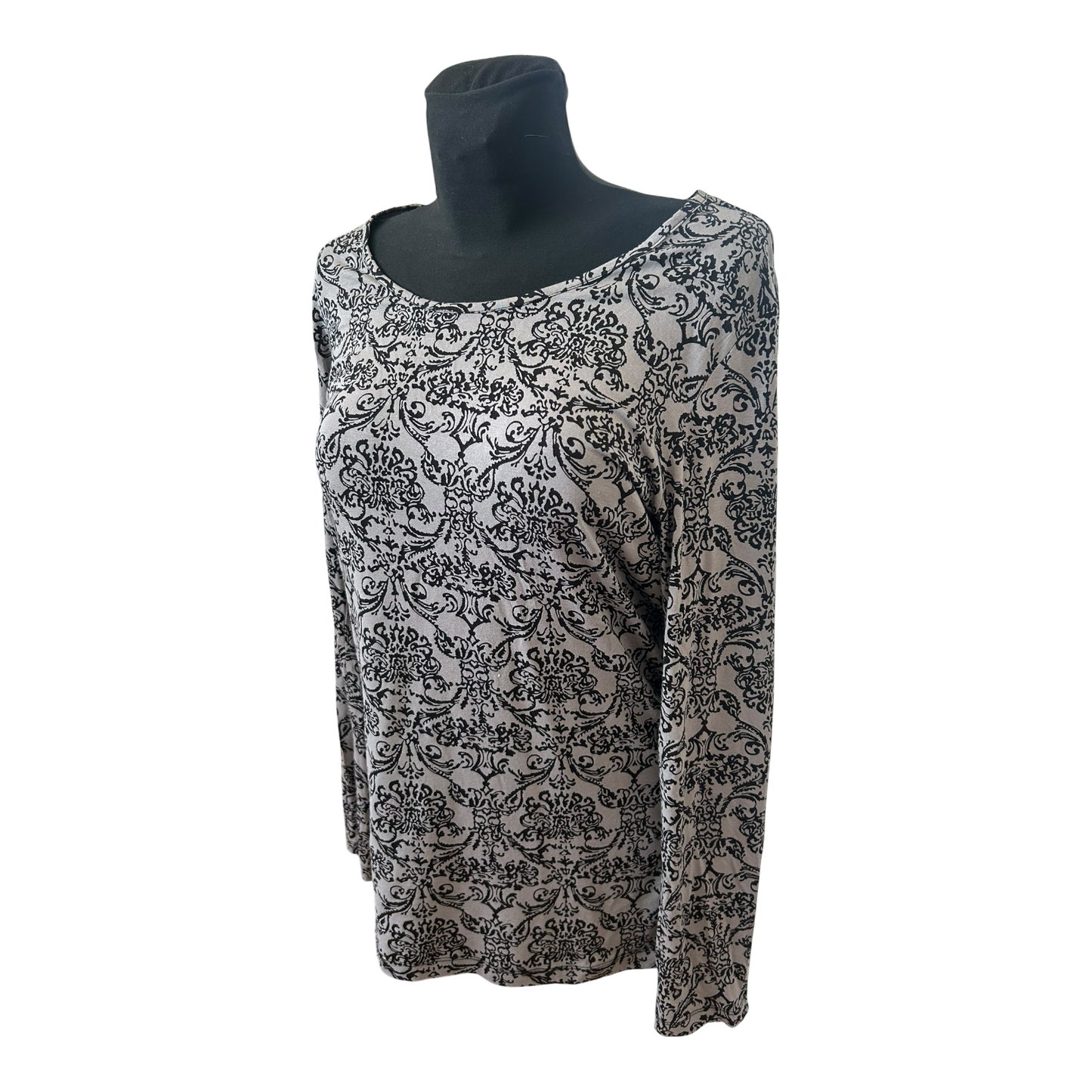 Gina Benotti Shirt Damen Gr L Grau Schwarz Ornament Langarm Viskose