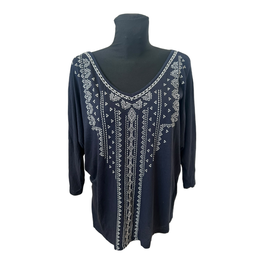 Yessica Shirt Damen Gr L Blau Stickerei Fledermaus 3/4 Arm Modal Baumwolle