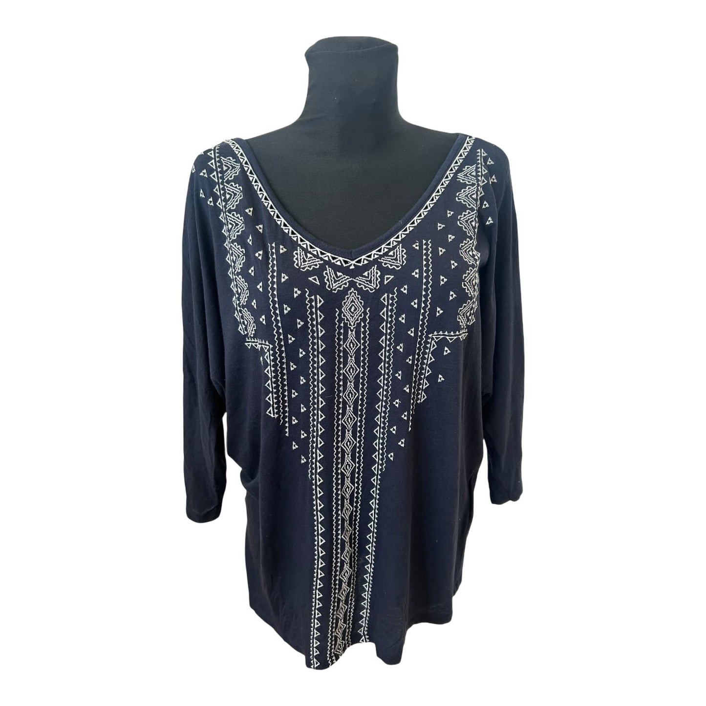 Yessica Shirt Damen Gr L Blau Stickerei Fledermaus 3/4 Arm Modal Baumwolle