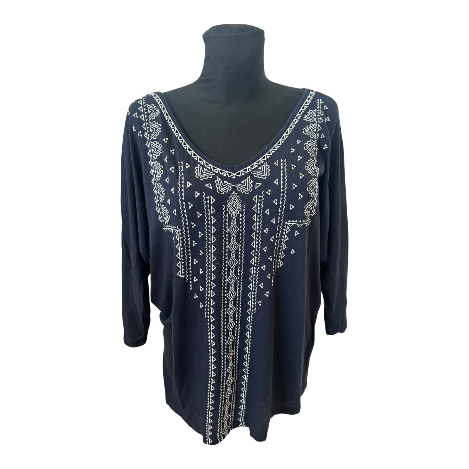 Yessica Shirt Damen Gr L Blau Stickerei Fledermaus 3/4 Arm Modal Baumwolle