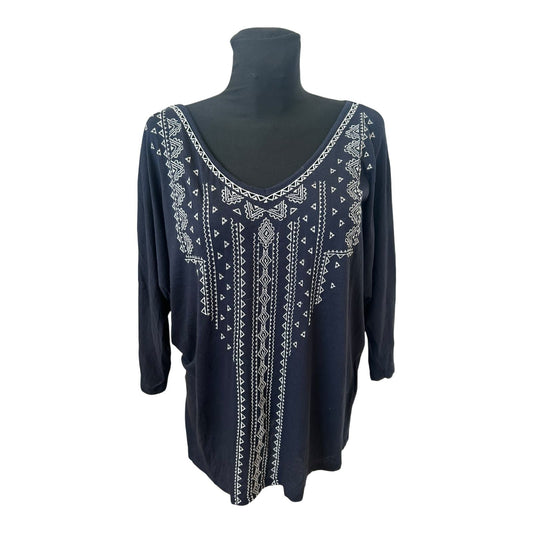 Yessica Shirt Damen Gr L Blau Stickerei Fledermaus 3/4 Arm Modal Baumwolle