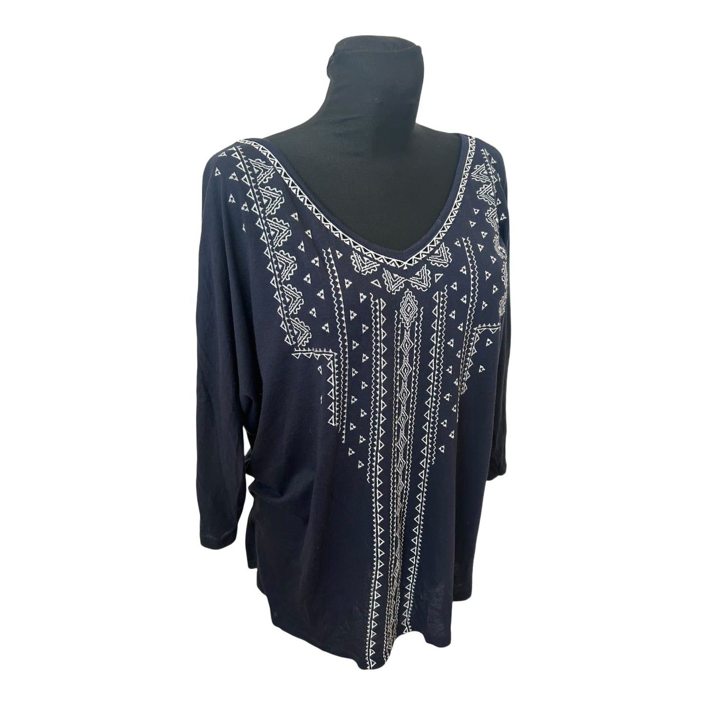 Yessica Shirt Damen Gr L Blau Stickerei Fledermaus 3/4 Arm Modal Baumwolle