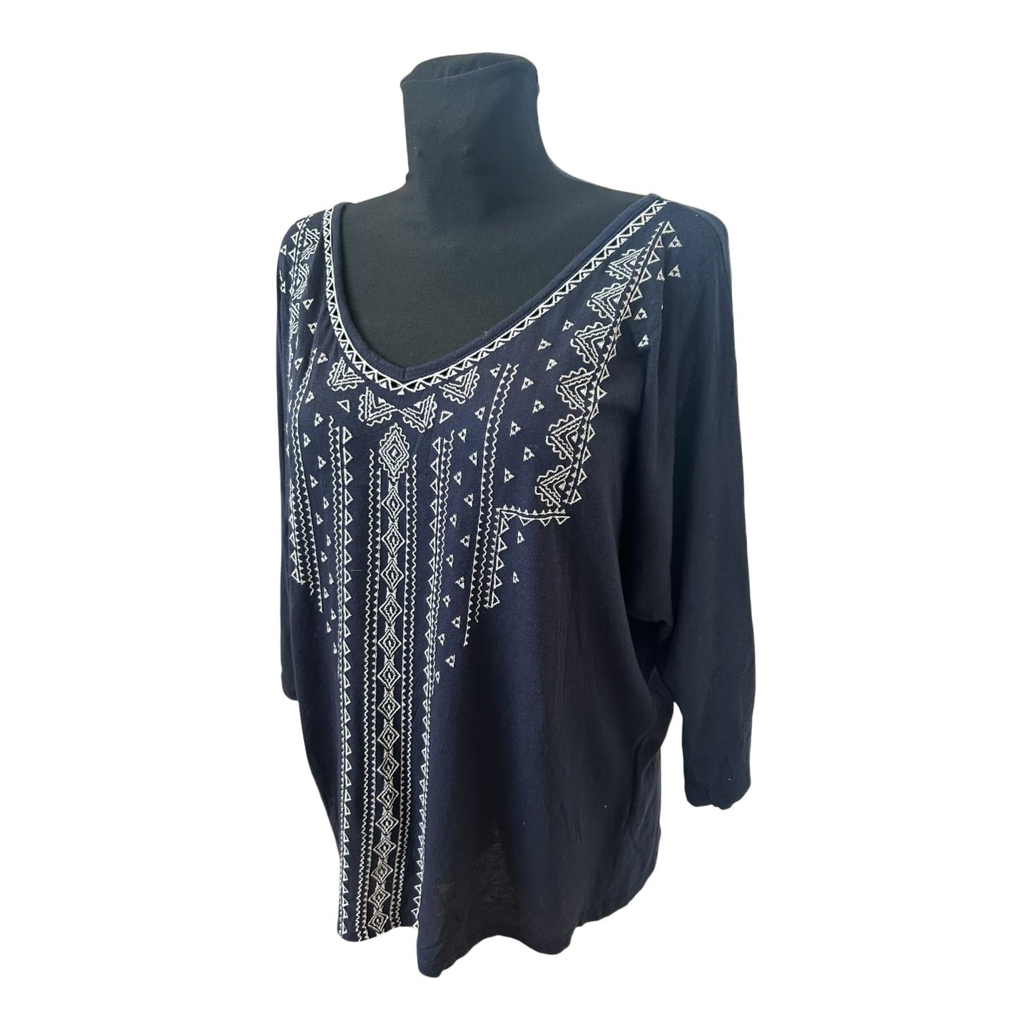 Yessica Shirt Damen Gr L Blau Stickerei Fledermaus 3/4 Arm Modal Baumwolle