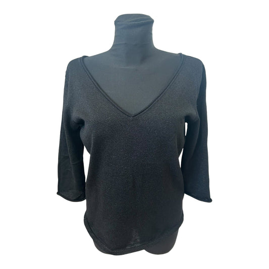 H&M Shirt Damen Gr L Schwarz Glitzer 3/4 Arm V-Ausschnitt Rücken Party Chic