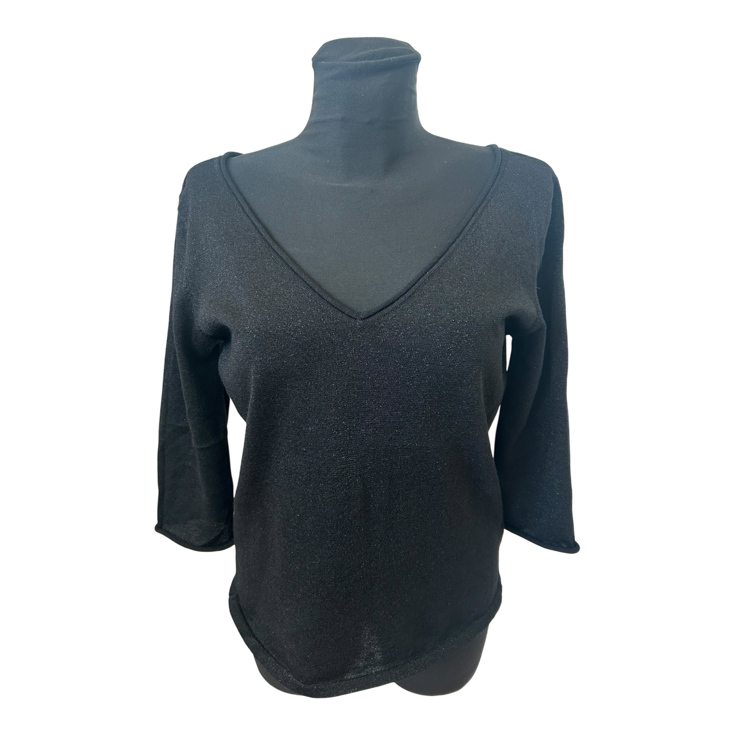 H&M Shirt Damen Gr L Schwarz Glitzer 3/4 Arm V-Ausschnitt Rücken Party Chic