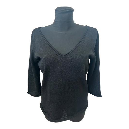 H&M Shirt Damen Gr L Schwarz Glitzer 3/4 Arm V-Ausschnitt Rücken Party Chic