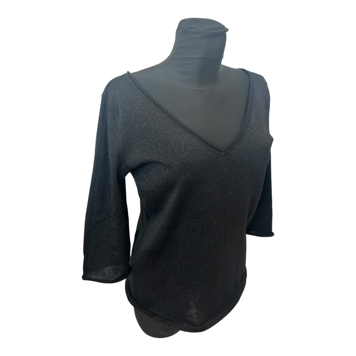 H&M Shirt Damen Gr L Schwarz Glitzer 3/4 Arm V-Ausschnitt Rücken Party Chic