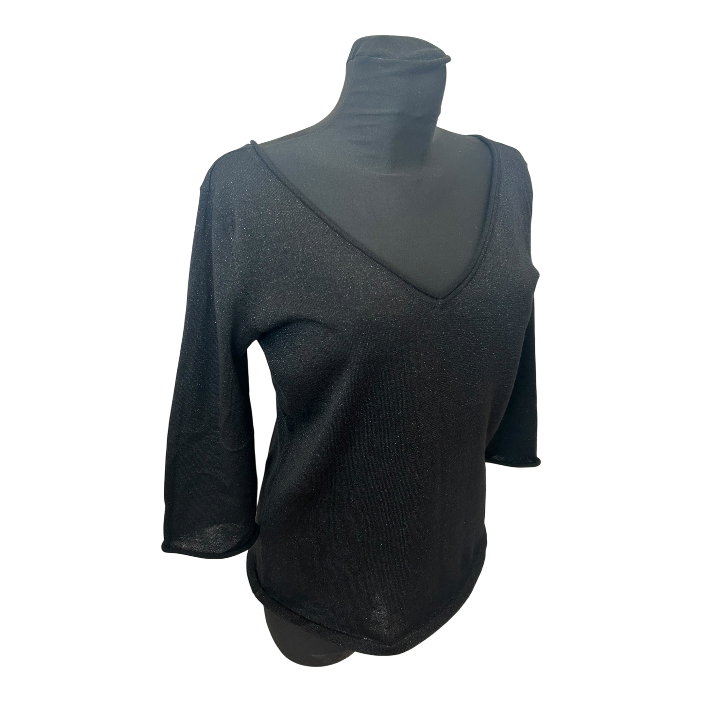 H&M Shirt Damen Gr L Schwarz Glitzer 3/4 Arm V-Ausschnitt Rücken Party Chic