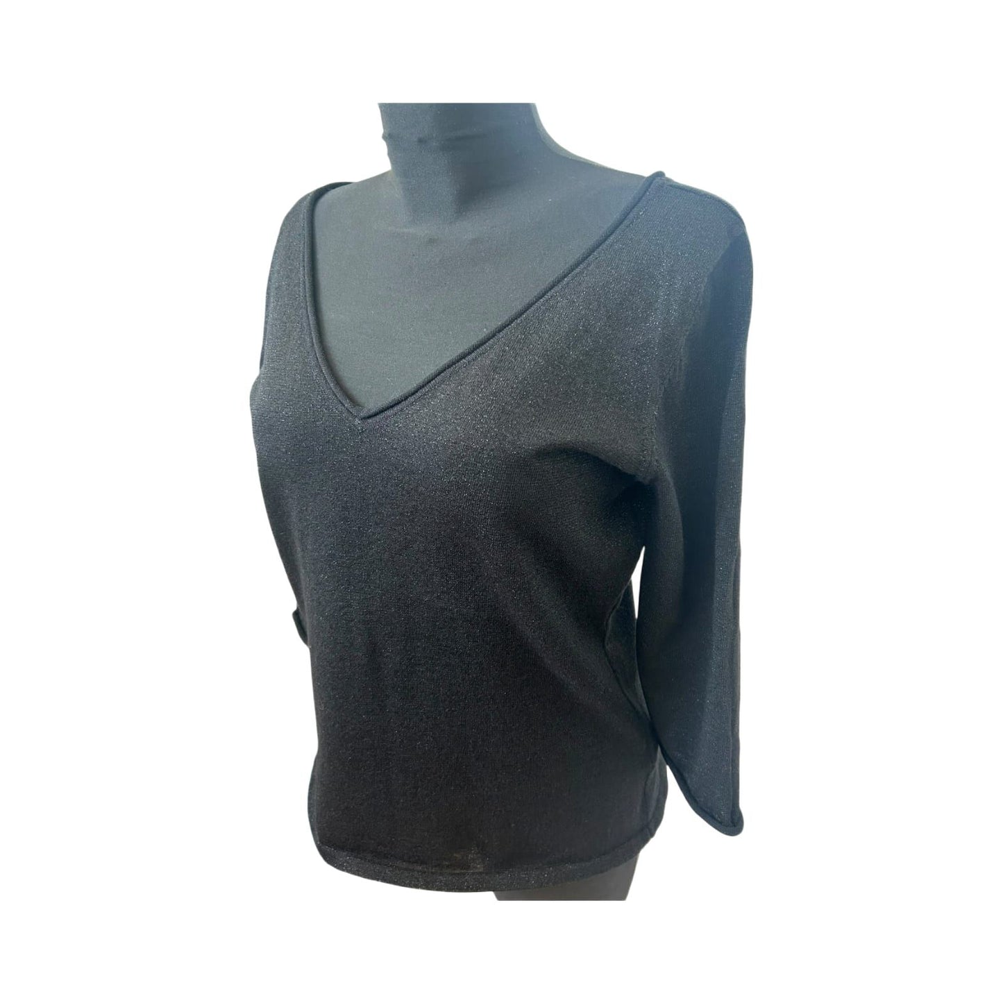H&M Shirt Damen Gr L Schwarz Glitzer 3/4 Arm V-Ausschnitt Rücken Party Chic