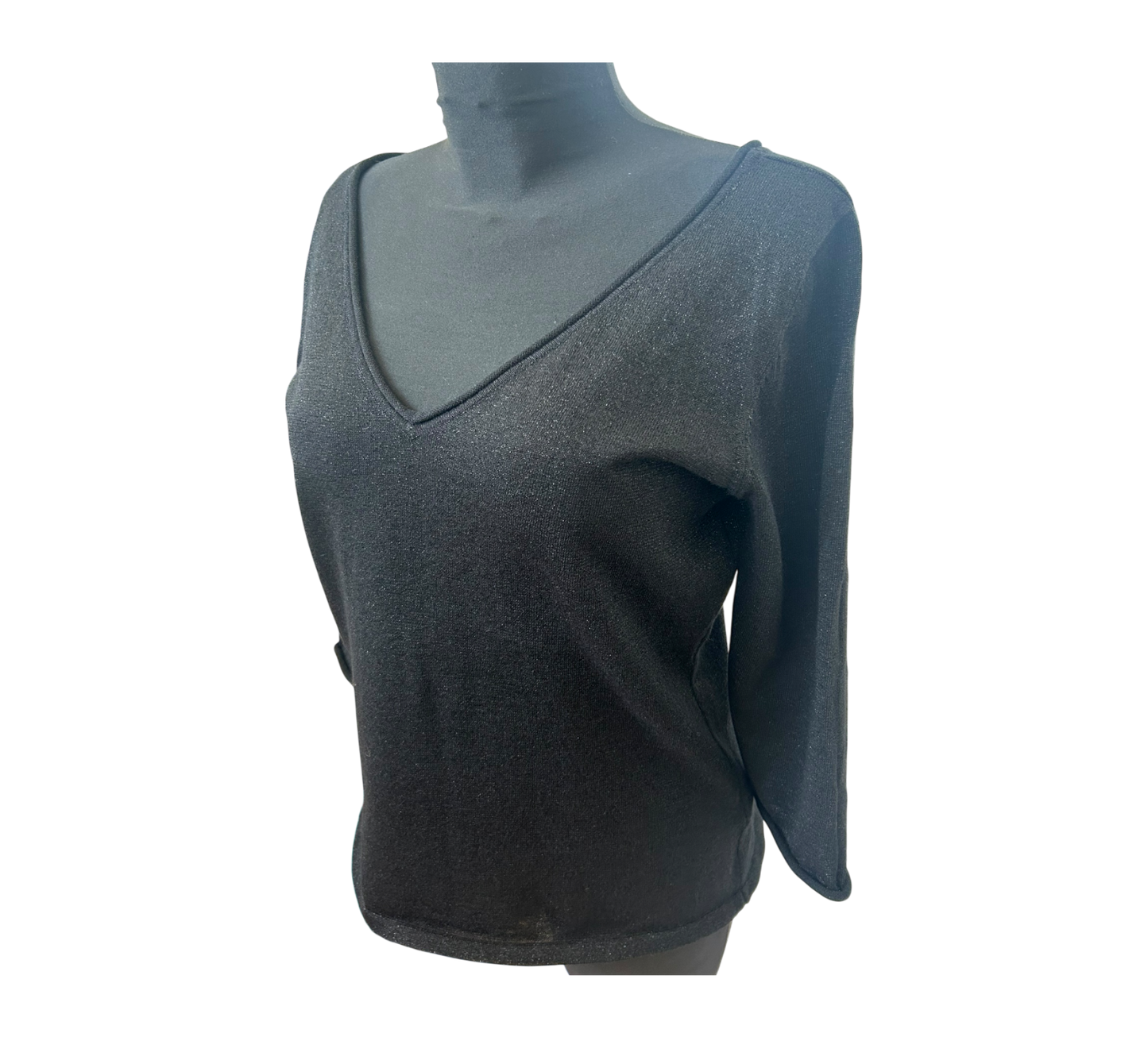 H&M Shirt Damen Gr L Schwarz Glitzer 3/4 Arm V-Ausschnitt Rücken Party Chic