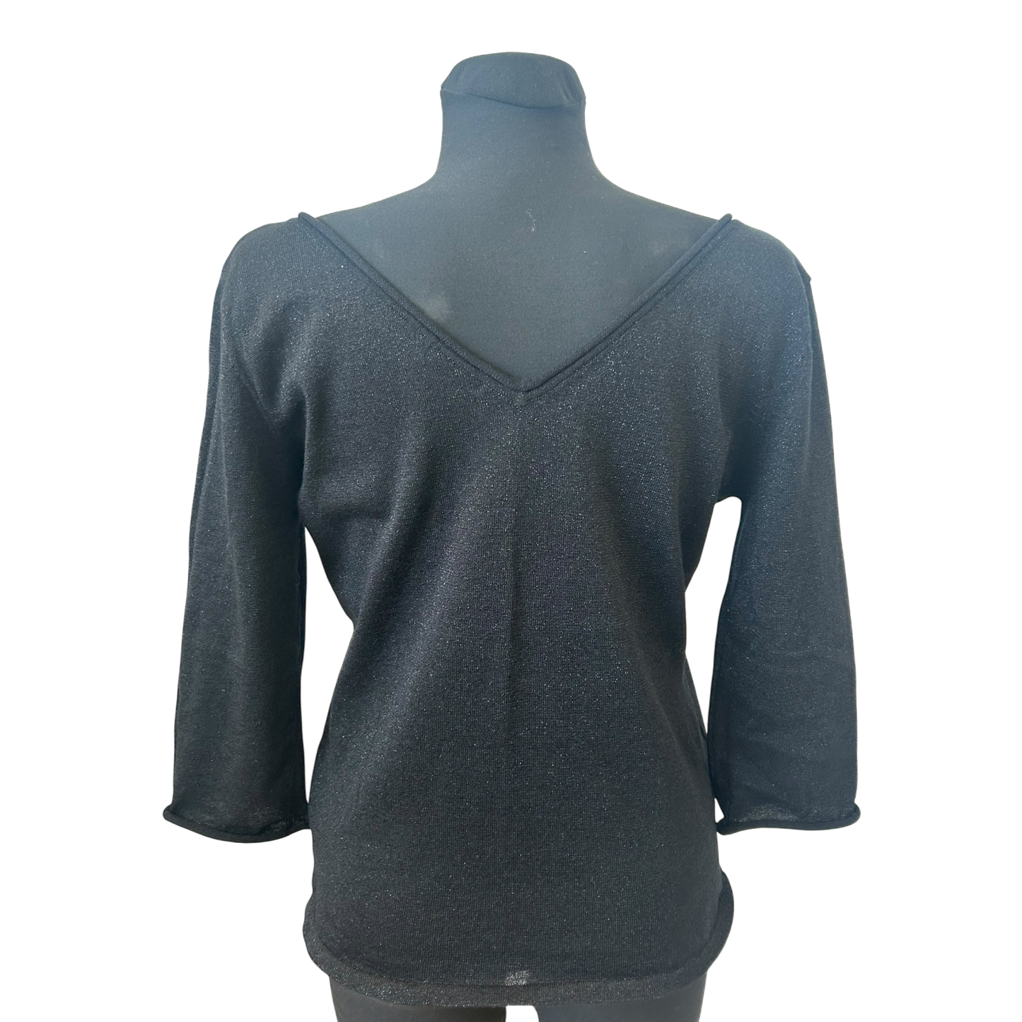 H&M Shirt Damen Gr L Schwarz Glitzer 3/4 Arm V-Ausschnitt Rücken Party Chic