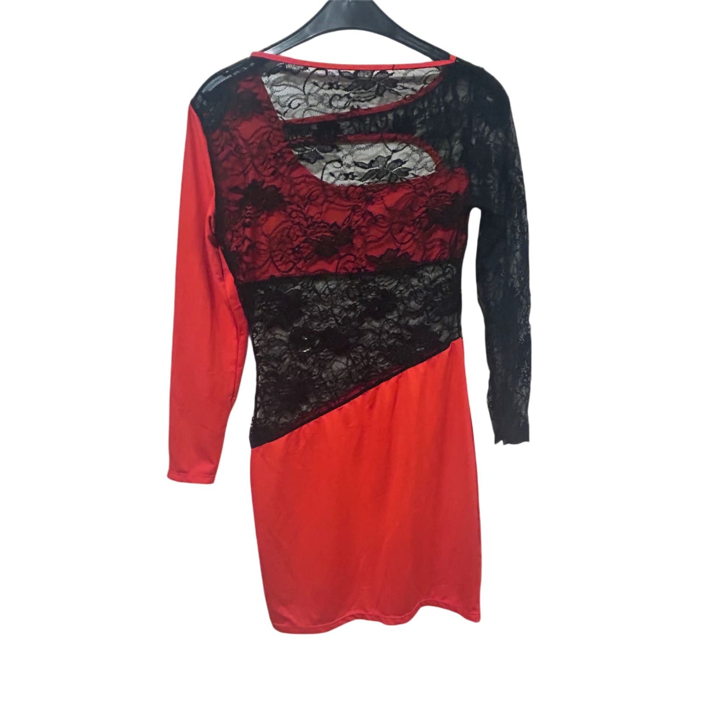 Kleid Damen Dress Gr. M Rot Schwarz Spitze Langarm Sexy Elegant Stretch Look Neu
