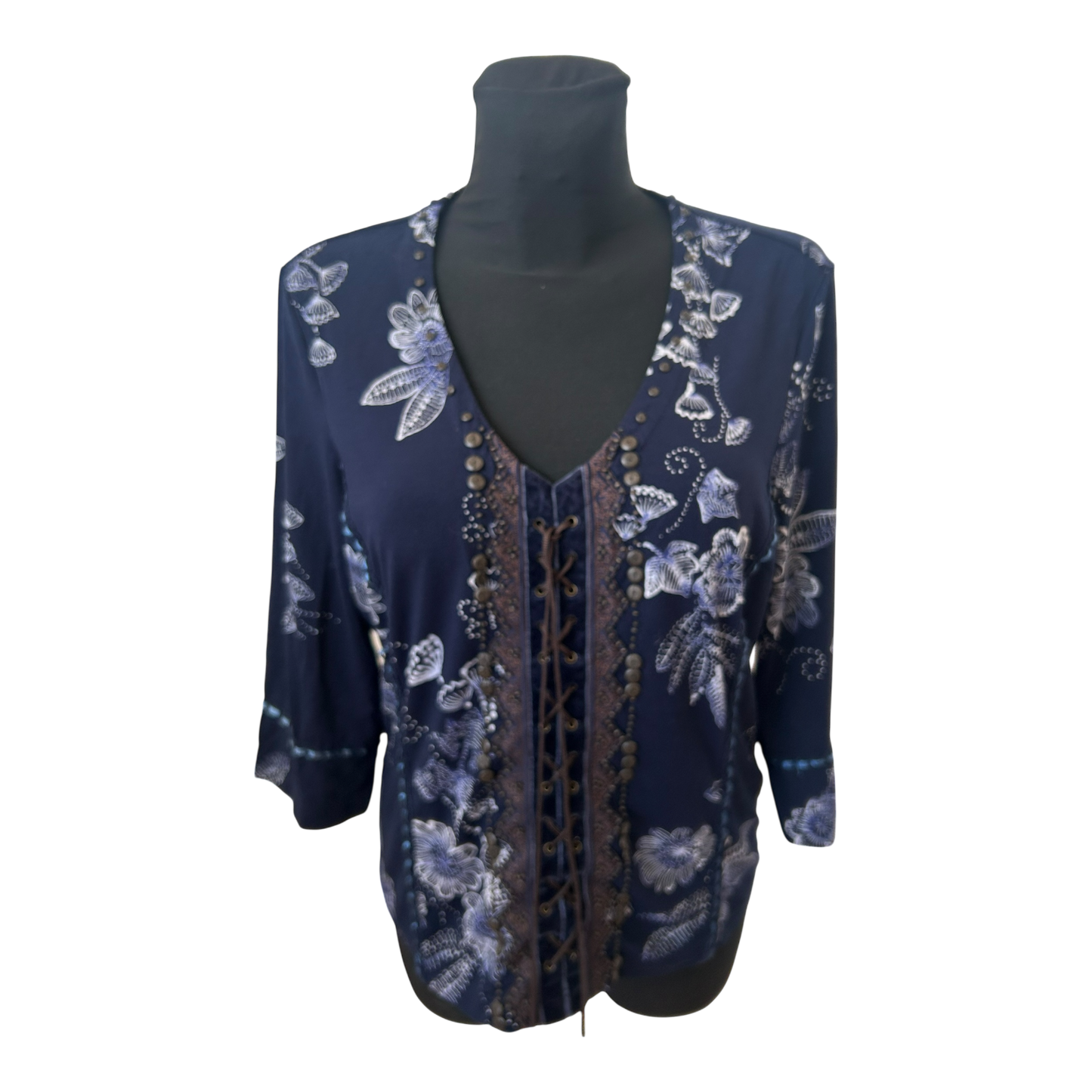 Bonita Bluse Damen Gr L Dunkelblau Blumen Viskose 3/4 Arm Elegant Chic