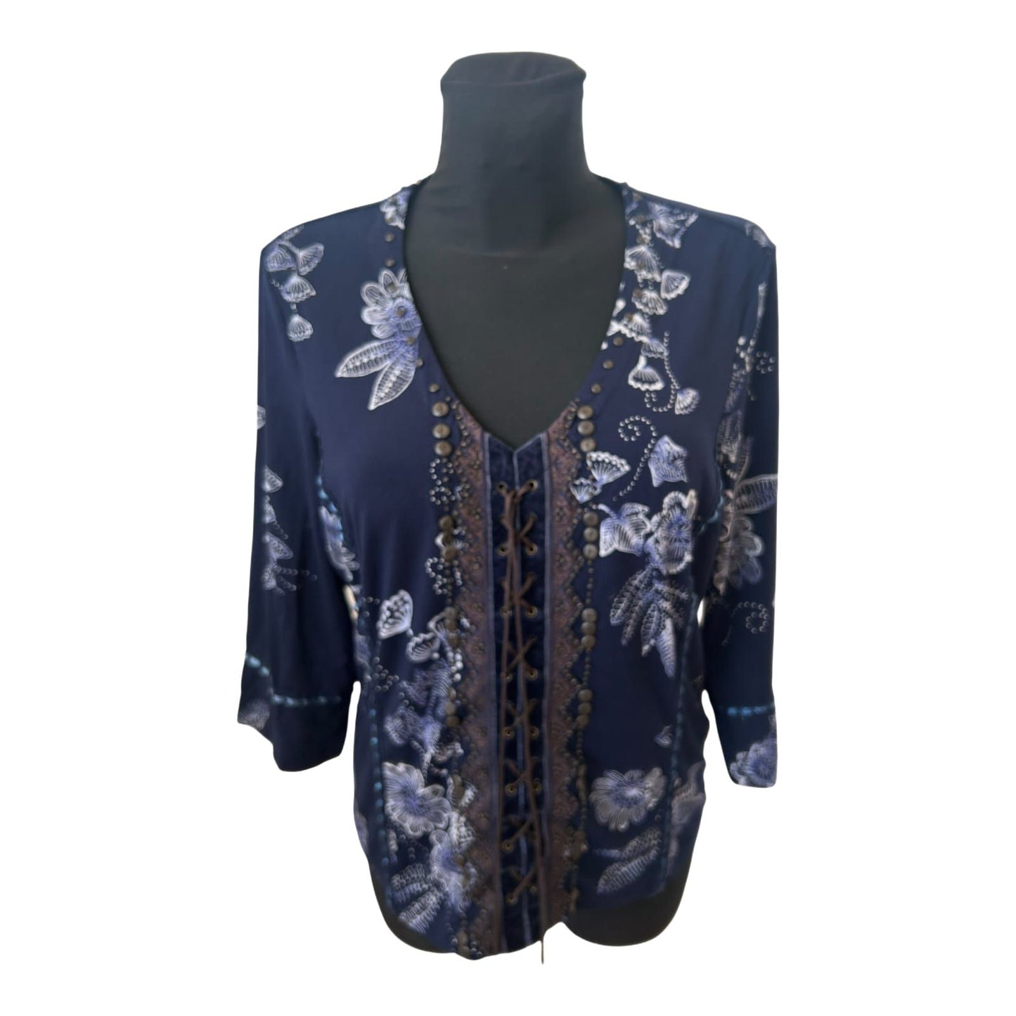 Bonita Bluse Damen Gr L Dunkelblau Blumen Viskose 3/4 Arm Elegant Chic
